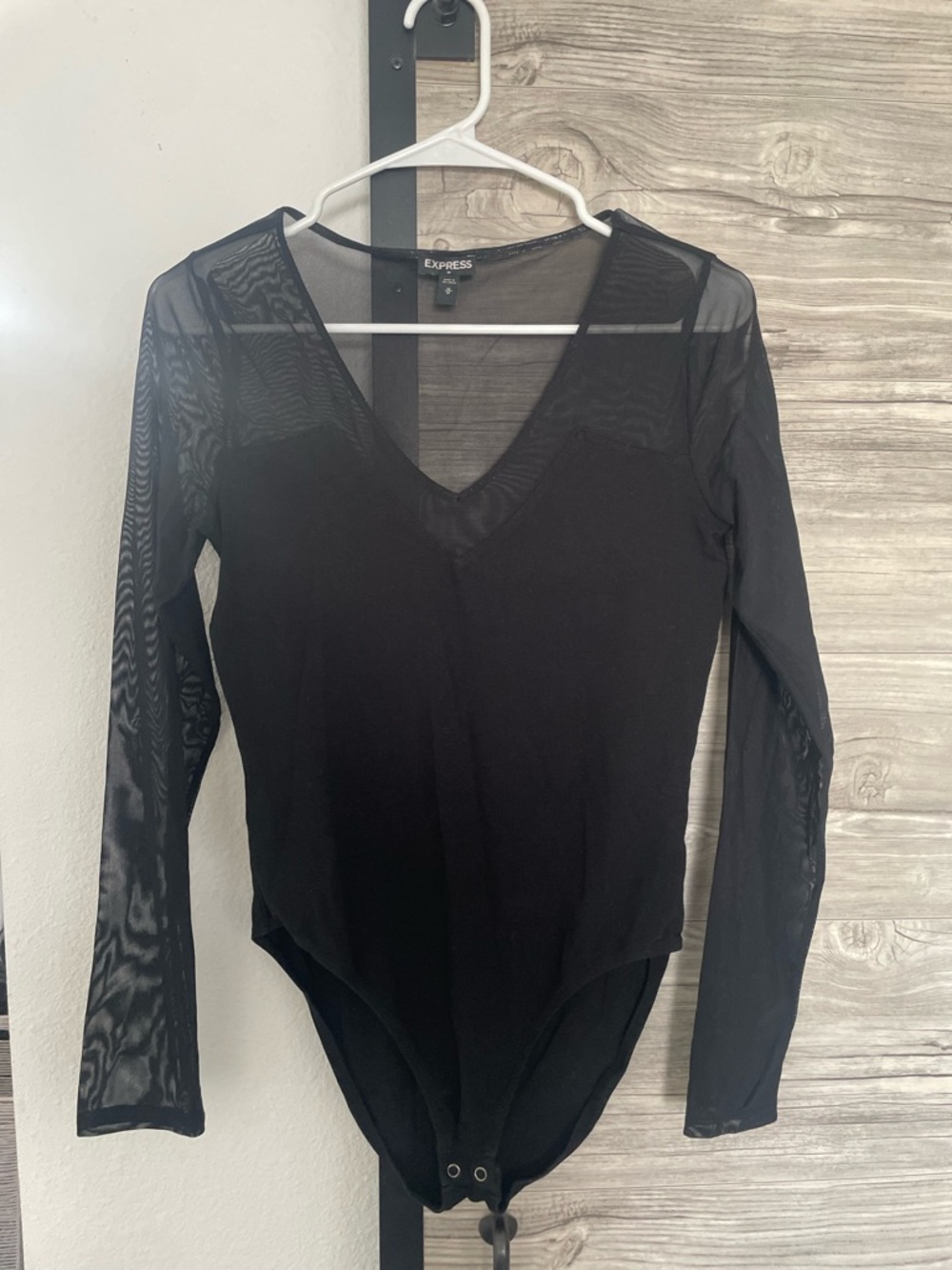 Express Black Sheer-Panel V-Neck Long-Sleeve Bodysuit